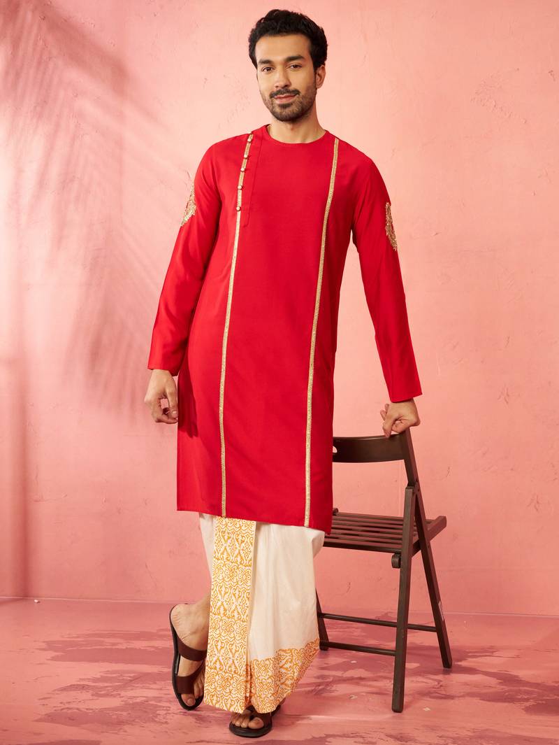red zardozi kurta cream dhoti set - navratri traditional wear