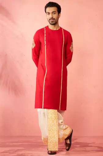 red zardozi kurta cream dhoti set - navratri traditional wear