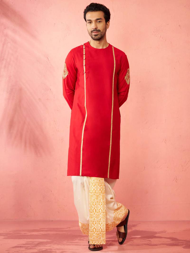 red zardozi kurta cream dhoti set - navratri traditional wear