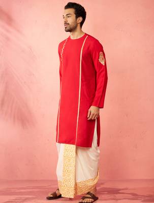 red zardozi kurta cream dhoti set - navratri traditional wear 4