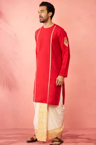 red zardozi kurta cream dhoti set - navratri traditional wear