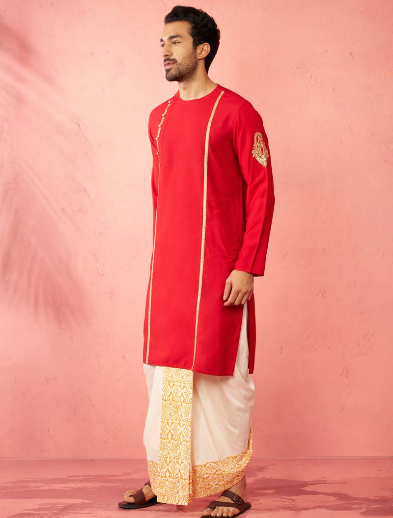 red zardozi kurta cream dhoti set - navratri traditional wear
