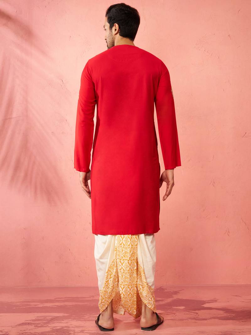 red zardozi kurta cream dhoti set - navratri traditional wear