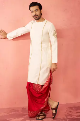 cream zardozi kurta red dhoti set - navratri festive wear