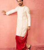 cream zardozi kurta red dhoti set - navratri festive wear