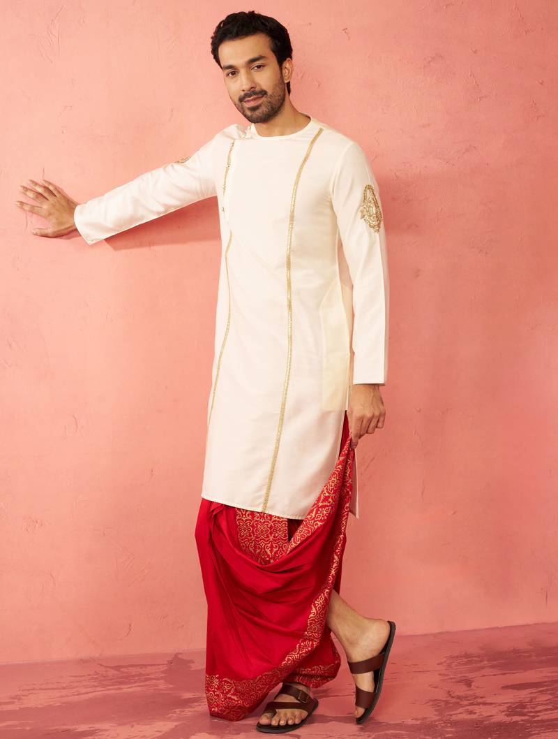 cream zardozi kurta red dhoti set - navratri festive wear