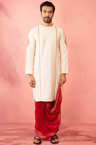cream zardozi kurta red dhoti set - navratri festive wear