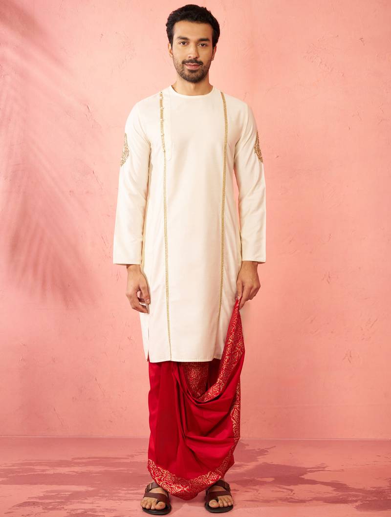 cream zardozi kurta red dhoti set - navratri festive wear