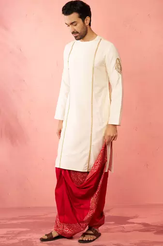 cream zardozi kurta red dhoti set - navratri festive wear