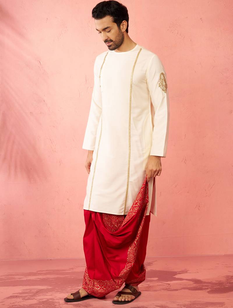 cream zardozi kurta red dhoti set - navratri festive wear