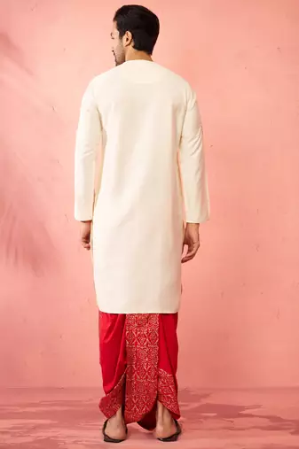 cream zardozi kurta red dhoti set - navratri festive wear