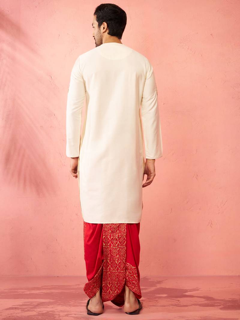 cream zardozi kurta red dhoti set - navratri festive wear