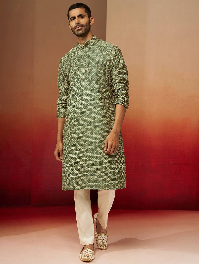 green digital print kurta with pyjama - premium gems plus set