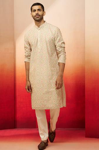 Beige embroidered kurta with cream pants - ethnic set