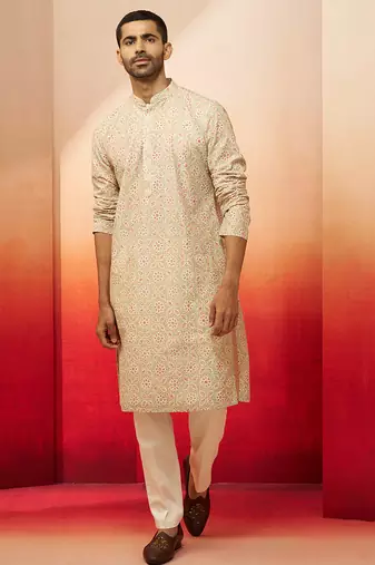 Beige embroidered kurta with cream pants - ethnic set