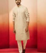 Beige embroidered kurta with cream pants - ethnic set