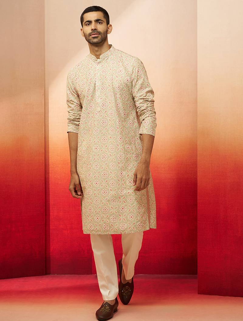Beige embroidered kurta with cream pants - ethnic set