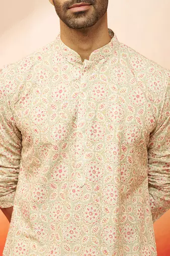 Beige embroidered kurta with cream pants - ethnic set