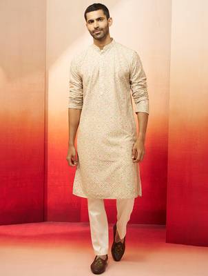Beige embroidered kurta with cream pants - ethnic set 3
