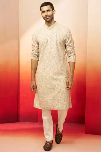 Beige embroidered kurta with cream pants - ethnic set