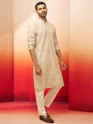 Beige embroidered kurta with cream pants - ethnic set 4
