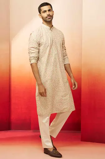 Beige embroidered kurta with cream pants - ethnic set