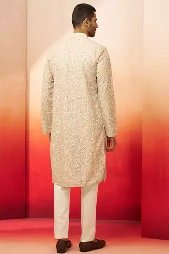 Beige embroidered kurta with cream pants - ethnic set