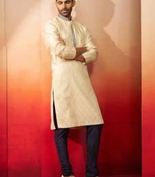 cream embroidered kurta with navy blue churidar - thread zari work set