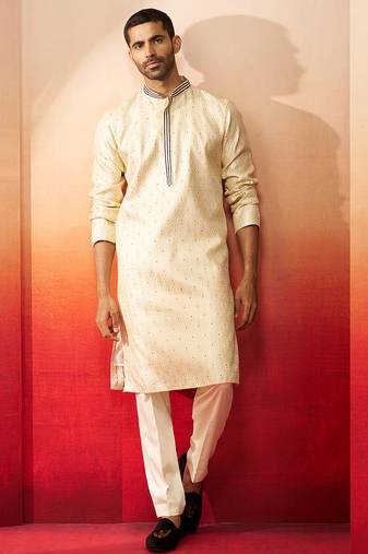 cream royal blue embroidered kurta with pyjama - luxury traditional set