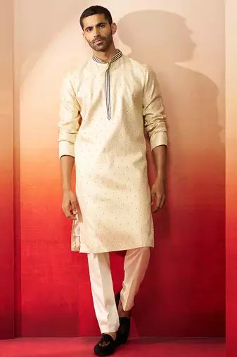 cream royal blue embroidered kurta with pyjama - luxury traditional set