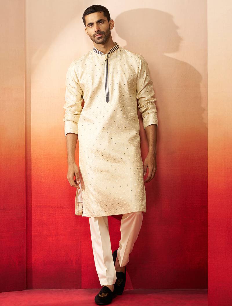cream royal blue embroidered kurta with pyjama - luxury traditional set