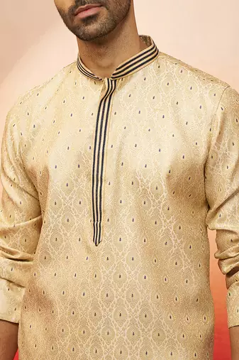 cream royal blue embroidered kurta with pyjama - luxury traditional set