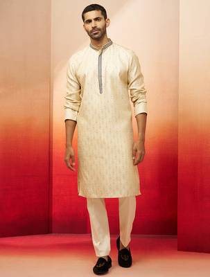 cream royal blue embroidered kurta with pyjama - luxury traditional set 3