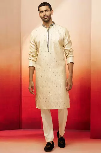 cream royal blue embroidered kurta with pyjama - luxury traditional set