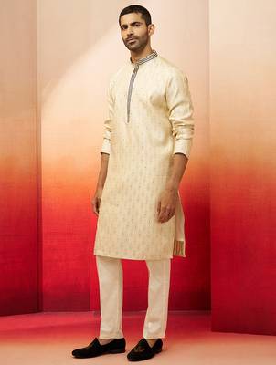 cream royal blue embroidered kurta with pyjama - luxury traditional set 4