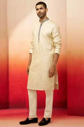 cream royal blue embroidered kurta with pyjama - luxury traditional set