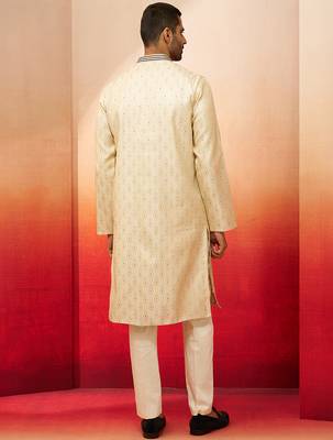 cream royal blue embroidered kurta with pyjama - luxury traditional set 5