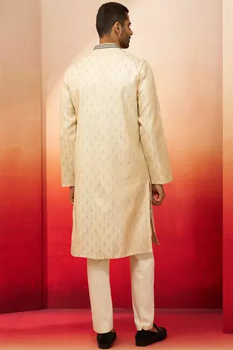 cream royal blue embroidered kurta with pyjama - luxury traditional set