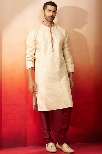 cream embroidered kurta with maroon churidar - premium thread zari work