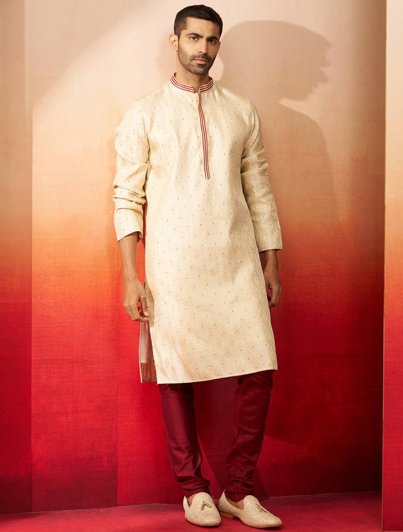 cream embroidered kurta with maroon churidar - premium thread zari work