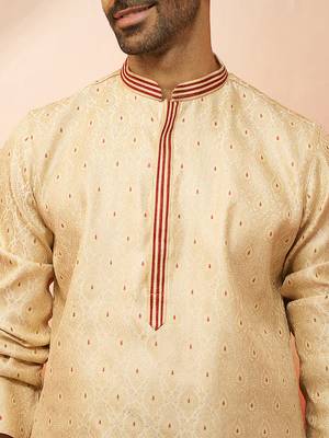 cream embroidered kurta with maroon churidar - premium thread zari work 2