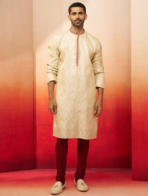 cream embroidered kurta with maroon churidar - premium thread zari work 3