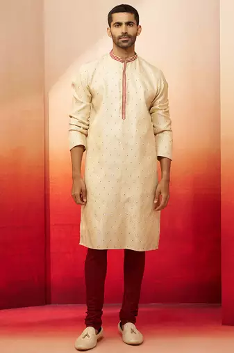 cream embroidered kurta with maroon churidar - premium thread zari work