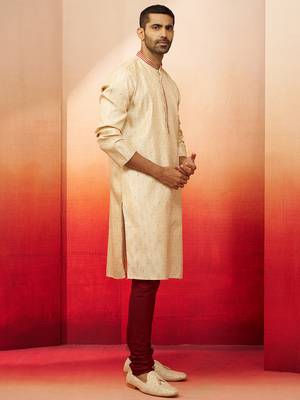cream embroidered kurta with maroon churidar - premium thread zari work 4