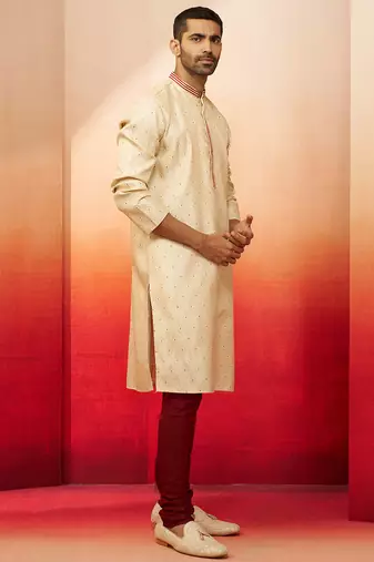 cream embroidered kurta with maroon churidar - premium thread zari work