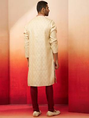 cream embroidered kurta with maroon churidar - premium thread zari work 5