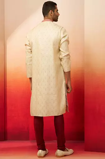 cream embroidered kurta with maroon churidar - premium thread zari work