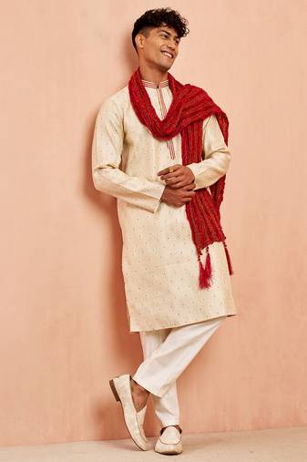 Cream 3-piece jacquard kurta pyjama dupatta set - zari embroidery wedding traditional wear