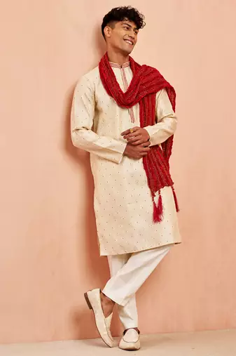 Cream 3-piece jacquard kurta pyjama dupatta set - zari embroidery wedding traditional wear