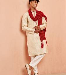 Cream 3-piece jacquard kurta pyjama dupatta set - zari embroidery wedding traditional wear